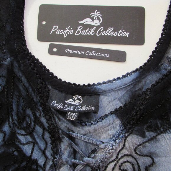 Pacific Batik Collection Tunic Top Free Size Blue Black Tie Dye Embroidered - Picture 2 of 15